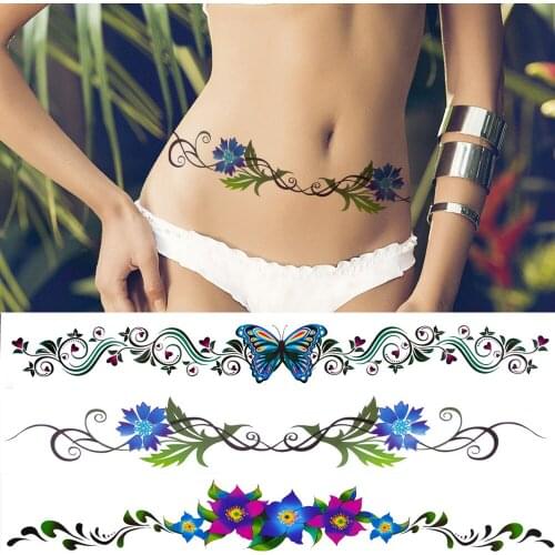 Blue Flower Temporary Tattoos For Women Girl Sexy Fake Vines Tattoo Sticker Watercolour Anemone Butterfly Waist Long Tatoo Paper