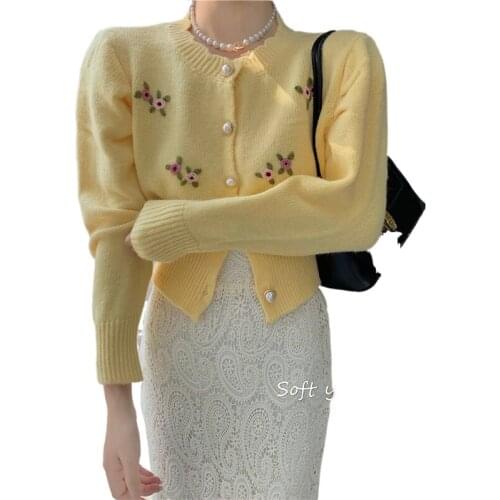 Knitted Cardigan Women Autumn Cardigan Crop Top Fall 2021 Women Embroidery Flower Cardigans Sweater