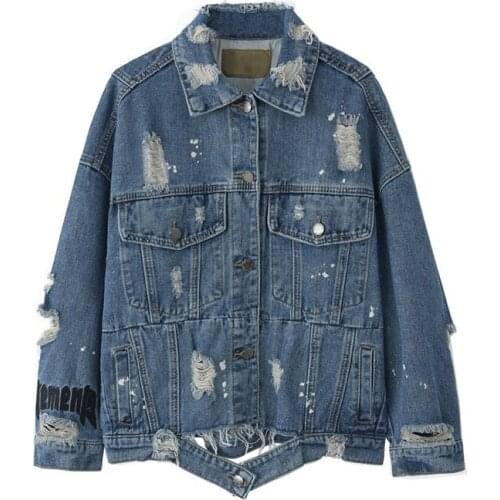 PERHAPS U Women Denim Blue Punk Jacket Button Turn Down Collar Letter Hole C0106