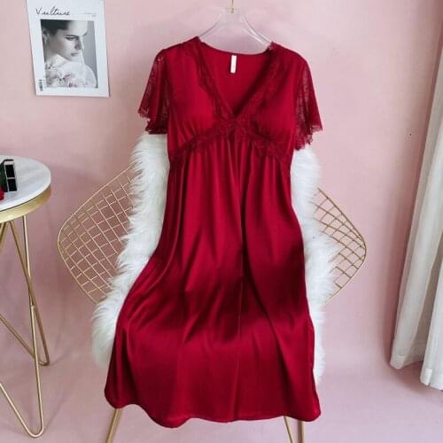Burgundy Female Princess Dress Nightgown Sexy V-Neck Lace Floral Long Nightdress Bride Short Sleeve Sleepshirts Lingerie Skirt