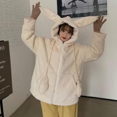 2020 HOT Winter Women Jacket Plush coat Thicken Loose cute Movable Rabbit ear Hooded Korean style female coat