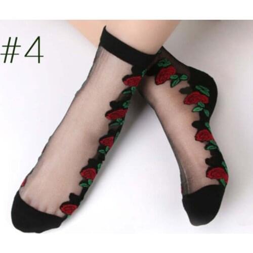 Womens Crystal Lace Glass Rose Silk Flower Ladies Short Thin Sexy Sheer Socks