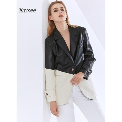 Patchwork Pu Leather Blazers for Women Notched Long Sleeve Hit Color Casual Coats Female Fashion Clothing Tide