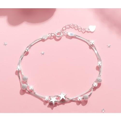 925 Sterling Silver Stars Round Beads Charm Bracelet&Bangle For Women Elegant Box Chain Jewelry Pulseras sl028