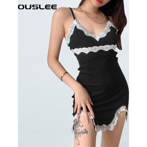 OUSLEE Sexy Black Spaghetti Dress Low Cut Long Dress Women Summer Ruched Side High Split Maxi Dress Elegant Party Club