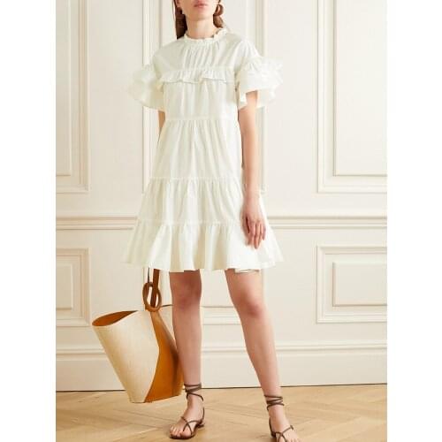 Sweet Summer Dress 2020 New Pleated Collar Ruffle Loose Women Dress Raglan Sleeves Patchwork A word Dress Soft Thin Sundress