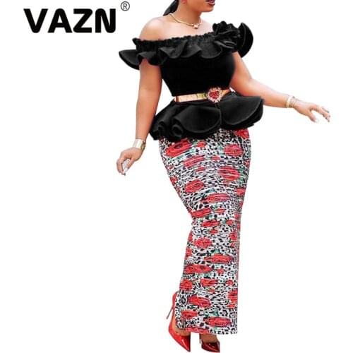 VAZN women 2020 new elegant fair maiden style long dresses short sleeve card shoulder printed tight floor-length dresses
