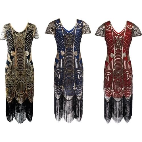 Embellished Beaded Sequin Dress Robe Vestidos Women 1920s Flapper Dress Vintage V Neck Short Sleeve Long Great Gatsby Dress