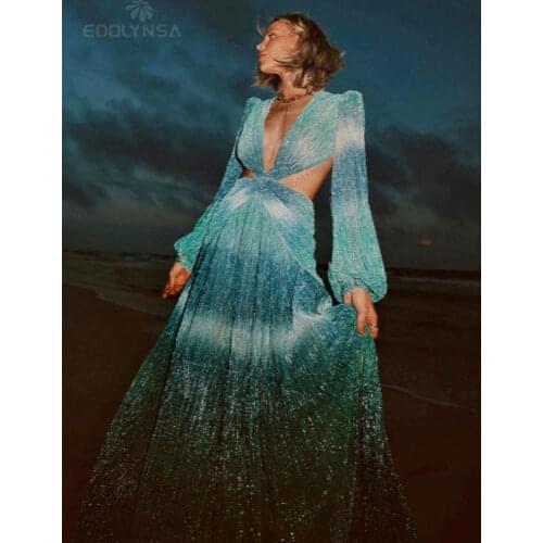 Sexy V-Neck Backless Hollow Out Dress 2021 Autumn Women Long Lantern Sleeve Club Party Evening Dress Maxi Dresses Vestidos A916