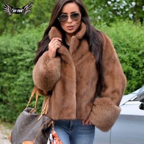 2020 Fashion Genuine Mink Fur Jacket Women With Fox Fur Cuff Thick Warm Winter Natural Mink Fur Coat Real Luxury Overcoats Short