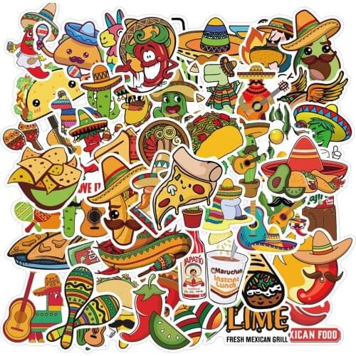 50Pcs Cartoon Mexican Food Series Sticker DIY Water Cup Luggage Laptop Phone Case Bicycle Childrens Toy Sticker Waterproof
