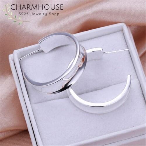 Charmhouse Pure Silver Hoop Earrings For Women Round Clip Earing Brincos Femme Pendientes Wedding Bridal Jewelry Accessories