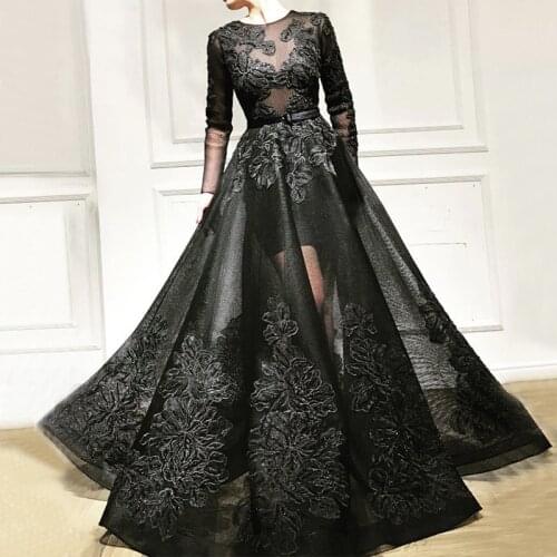 Black Long Tulle Appliques Prom Dresses 2021 Long Sleeves O Neck Formal Evening Dress Robe De Soiree