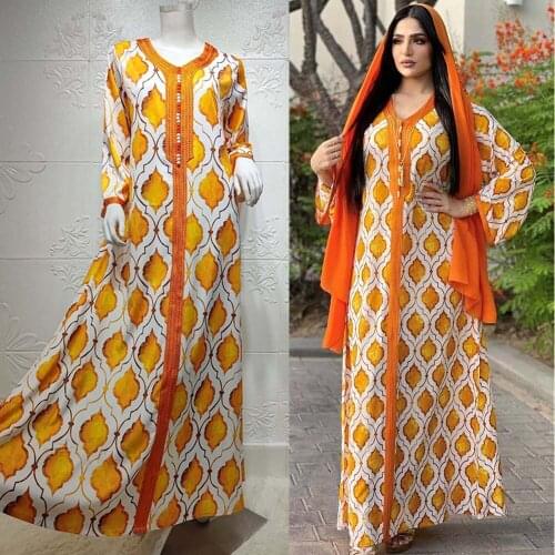 Ethnic V-Neck Ribbon Maxi Dress Fall 2021 Loose Muslim Jalabiya Abaya Printed Dresses Full Sleeve Arabic Islamic Dubai Clothes