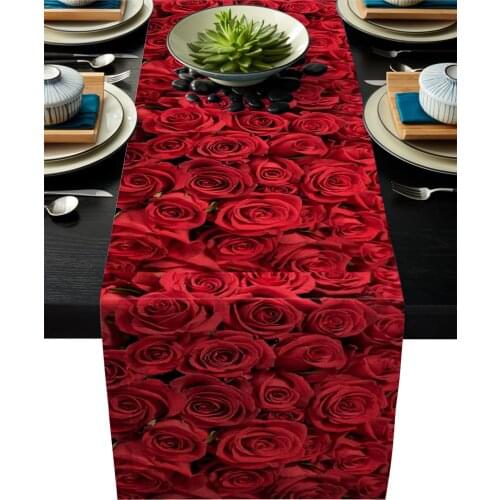 Red Rose Flower Bouquet Plant Red Table Runner Modern Placemat Coaster Home Wedding Party Dinning Table Decor