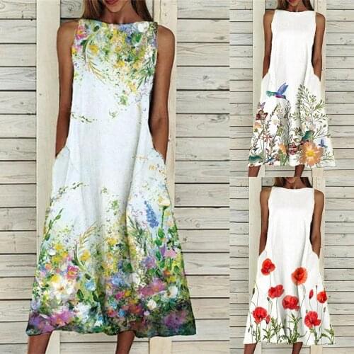 Summer Elegant Sleeveless Midi Dress Women O-neck Pocket Tank Party Dresses Female Vintage Floral Print Loose A-Line Beach Dress