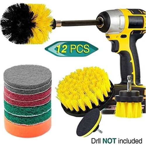 12Pcs Yellow Electric Drill Brush Kit Plastic Round Cleaning Brush for Carpet Glass Car Tires Nylon Brushes Scrubber Drill