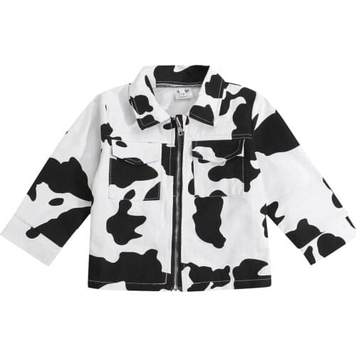 2021 New Autumn Fashion Unisex Children Cow Print Coat, Loose Fit Long Sleeve Lapel Neck Zip-up Tops with Pockets Hot Sale