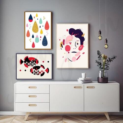 Colorful Drip Shape Wall Art Canvas Painting Abstract Swimming Fishes Nordic Posters and Prints for Living Room Decor