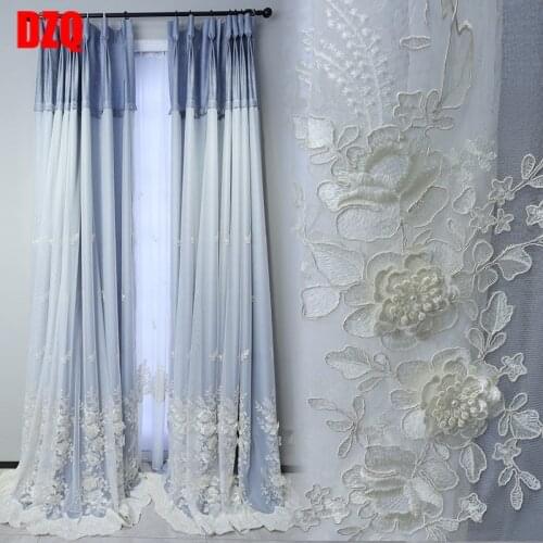 Romantic French luxury bedroom girl Princess wind window yarn rope embroidery yarn light blue net red curtain custom made