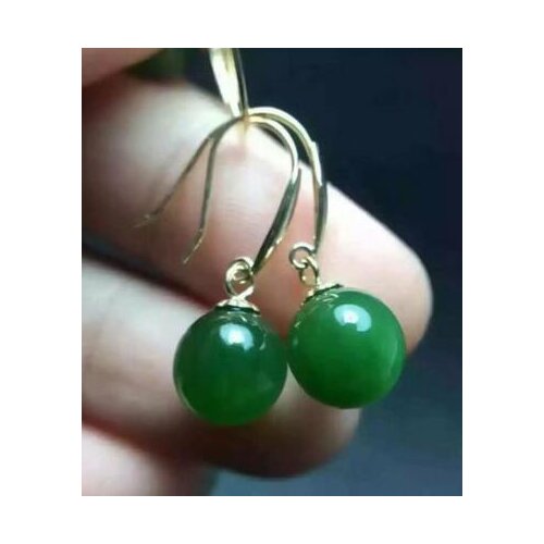 Free shipping >>>>noble jewelry Genuine AAA 8mm natural perfect round green jade dangle earrings 14k gold hook