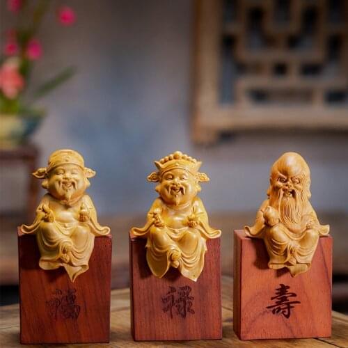 Boxwood 10cm Fu Lu Shou Sculpture Chinese Mythology Figure Three Stars Wood Status Blessing Rich Longevity Home Decor