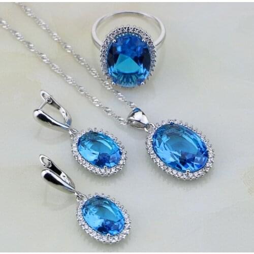 11.11 925 Sterling Silver Jewelry Oval Sky Blue White Cubic Zirconia Jewelry Sets Christmas Earring/Pendant/Necklace/Ring