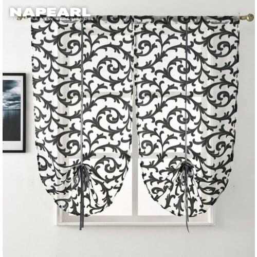 Short Kitchen Curtain Modern Window Treatment Tie up Balloon Home Textile Sheer Panel Tulle White Black Jacquard