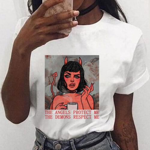 Women T Shirt The Angels Protect Me The Demons Respect Print Tshirt Harajuku Shirts Vintage Oversized T-shirt Female Clothes Top