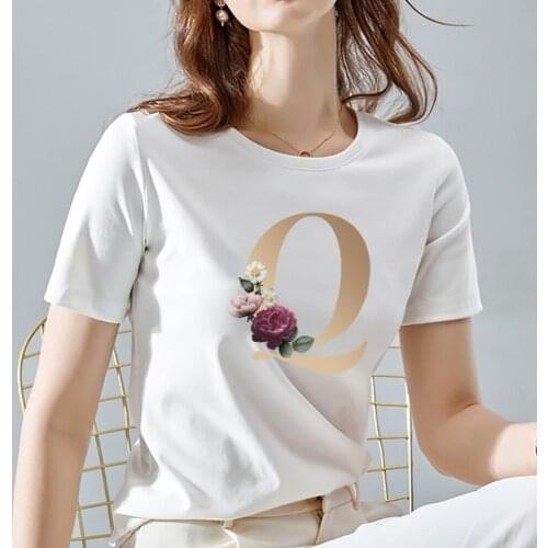 Women Vogue 26 Letter Print Tops Tee Casual Round Neck White Short Sleeve T-shirts A To Z Alphabet Combination Womens Clothes