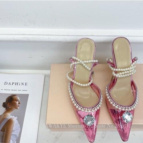 Diamond Transparent High Heel Sandals Women Point Toe Pearl Chain Ankle Strap Summer Party Shoes Clear Crystal Runway Sandals