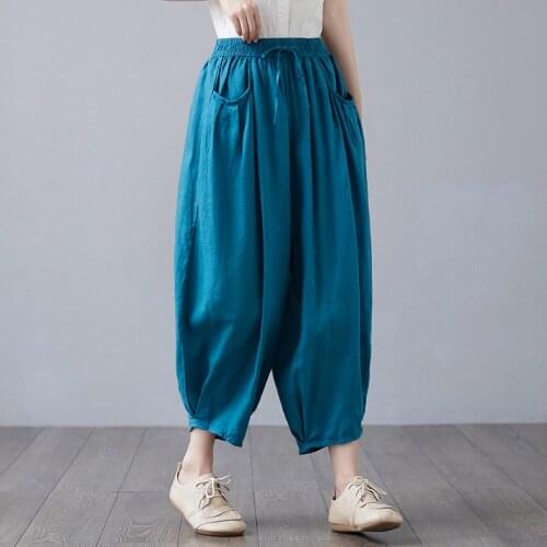2021 New Arrival Summer Arts Style Women Cotton Linen Ankle-length Pants Casual Loose Good Quality Elastic Waist Harem Pants T11