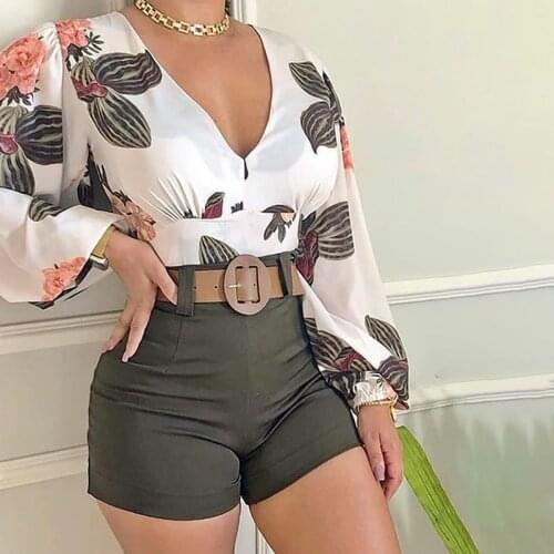 Spring Summer Women Casual V Neck Tropical Print White Long Sleeve Top & Shorts Set Two Piece Sets Fashion