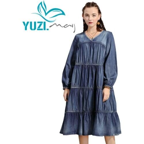 Dress Women 2019 Yuzi.may Boho New Denim Women Dresses V-Neck Lantern Sleeve Loose Vestidos A82189 Vestido Feminina