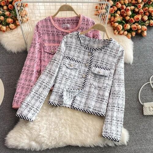 Runway French Women Tweed Jacket Coat 2021 New Autumn Winter Vintage Plaid Woolen Short Coats Female Loose Casual Outerwear Top