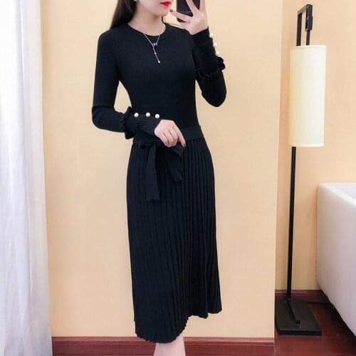 High waist fashion Dress female autumn and winter new beaded loose knit long dress over the knee thickening bottoming dress