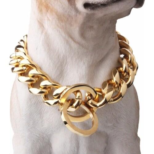 Gold Stainless Steel Dog Choker Chain Curb Cuban Chain Dog Training Collar Heavy Metal Pet Collars For Medium Large Dogs Pitbull
