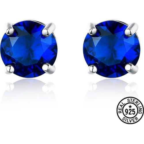 925 Sterling Silver Earrings Solitaire Round Created Blue Sapphire Stud Earrings For Women Classic Fine Jewelry Wholesale