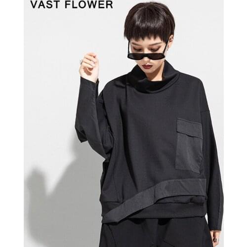 Black Patchwork Pockets Plus Size T-Shirt Women New Turtleneck Batwing Long Sleeve Fashion Loose T Shirt Tops Spring Autumn 2021