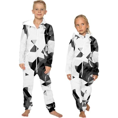 Kid Geometric Printed Loungewear Pajamas Unisex Loose Hooded Zipper Open Sleepwear Onesies for Girl Thick Jumpsuits
