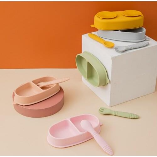 Baby Silicone Bowl Children’s Dishes Plate BPA Free Silicone Threaded Spoon Children Baby Feeding Dinner Bowl
