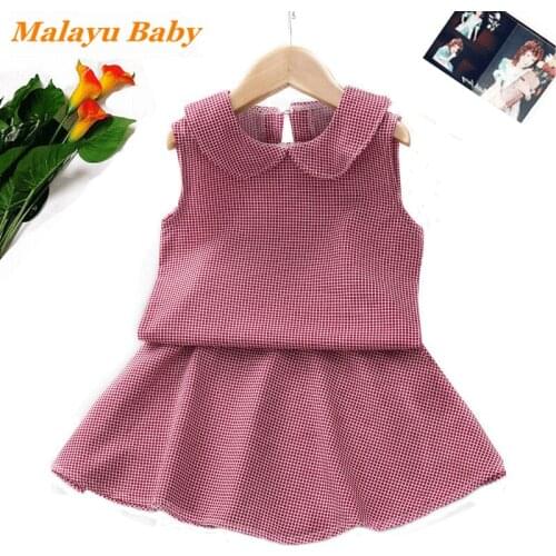 Malayu Baby Sweet Girls Clothes Set Summer Fashion Child Plaid Sleeveless Top And Skirt 2 Pcs Outfits 2-6 Years Kids Costume