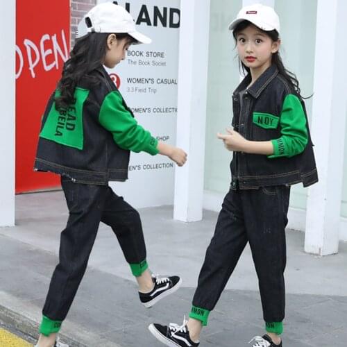 Girls Pants Long Two-Piece 2021 Spring Autumn New Denim Jacket Black Single-Breasted Denim Suit Children Clothing 4-15 Years Old