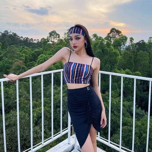 Women Latin Dande Costumes Sexy Stripe Tops Split Skirts Performance Costumes Ballroom Dance Competition Dresses Latin Dancewear