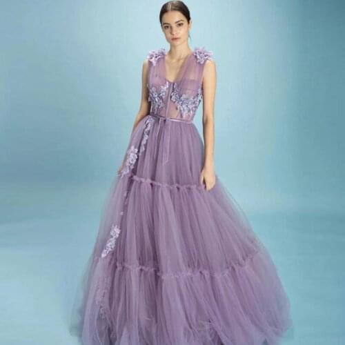 Dreamlike Dusty Purple Flower Tulle Prom Bridal Dresses A-line Tulle Mesh Women Dresses To New Year Party Long Robe