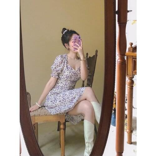 Purple Floral Dress Summer Women Sweet Fairy Dress Chic Puff Sleeve Cottagecore French Retro V Neck Short Sleeve Dress Beachwear