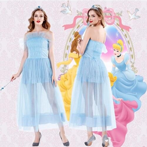 Halloween Women Sky Blue Costume Belle Princess Chiffon Dress Masquerade Carnival Adult Cosplay Roles Suit Sleeveless Party Robe
