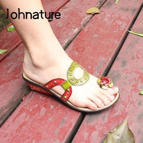 Johnature New Summer Slippers 2020 Women Shoes Mixed Colors Genuine Leather Slides Wedges Flower Handmade Casual Ladies Slippers