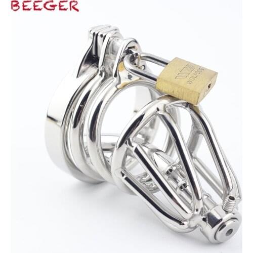 BEEGER Male penis metal lock,Stainless Steel Chastity Cage with Urethral Insert,small novelty cage with anti slip ring