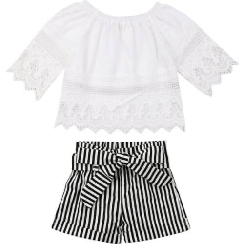 2PCS Fashion Outfits Striped Short Pants Toddler Baby Kids Pullover Solid White Lace Summer Tops Princess Style Girls Set